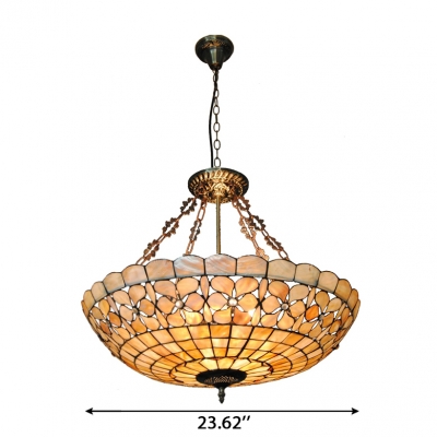 Tiffany Handmade Shell Inverted Pendant Light with Floral&Checkered Bowl Shade 2 Designs for Choice