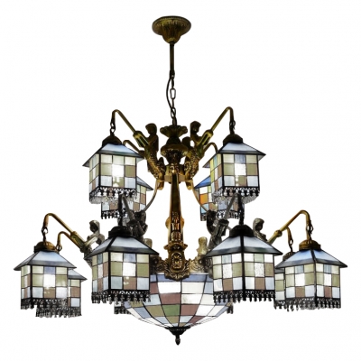 Lodge Style Tiffany Stained Glass House Designed Chandelier with Colorful Center Bowl and Mermaid Arms