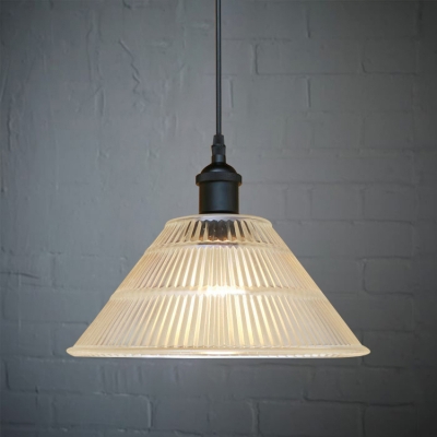 Vintage Pendant Single Light with Ribbed Clear Glass Shade in Black for Restaurant Warehouse