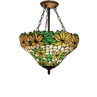 Yellow&Green Stained Glass Leaf Pattern Inverted Hanging Pendant Lamp for Restaurant Cafeteria Dining Hall