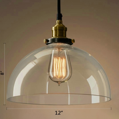 Brass Finish Dome Hanging Light Industrial Clear/Amber Glass 1 Light LED Pendant Light