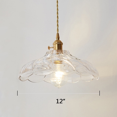 Vintage Scalloped Hanging Light with Textured Glass Shade Single Light Pendant Lamp in Polished Brass