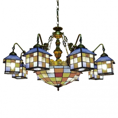 Lodge Style Tiffany Stained Glass House Designed Chandelier with Colorful Center Bowl and Mermaid Arms