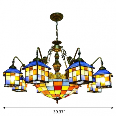 Lodge Style Tiffany Stained Glass House Designed Chandelier with Colorful Center Bowl and Mermaid Arms