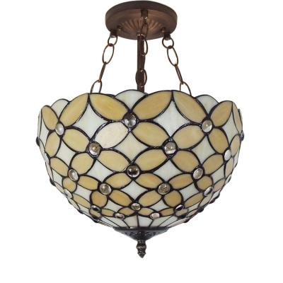 11.81-inch Wide Beige Flower Motif Bowl Shade Hanging Light with Jewel Decorations