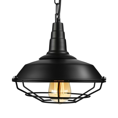 Industrial Pot Cover Pendant Light in Wrought Iron Single Light Wire Guard Hanging Lamp in Black Finish
