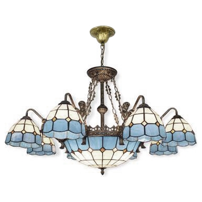 Mediterranean Style Blue&White Checkered Art Glass Chandelier with Bronze Finish Mermaid Arms