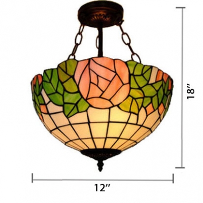 Tiffany Style 2/3-Light Inverted Pendant Lamp with Pink Rose Pattern Glass Shade, 12