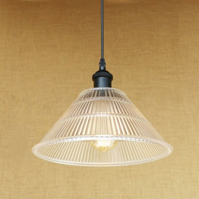Vintage Pendant Single Light with Ribbed Clear Glass Shade in Black for Restaurant Warehouse