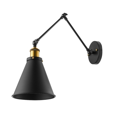 Adjustable Industrial Conical Wall Sconce in Black Swing Arm Single Wall Light for Living Room Bedside