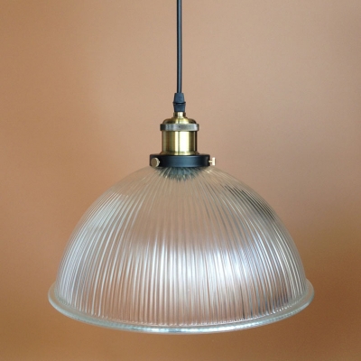 Antique Brass Dome Pendant Lamp Industrial Style 1 Light Ribbed Glass Hanging Lamp for Restaurant