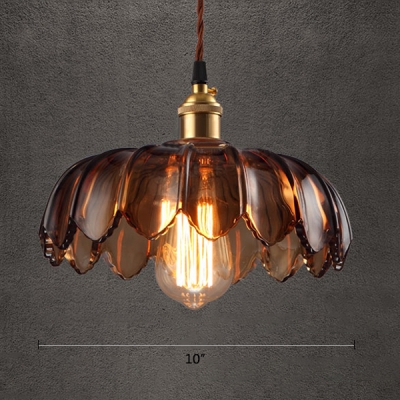 Industrial Style Hanging Pendant Single Light with Brown Glass Floral Shade in Brass for Cafe Warehouse