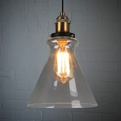 Industrial Style Single Pendant Light Clear Glass Cone Shade in Brass for Kitchen Restaurant 