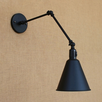 Industrial Swing Arm Wall Sconce in Conical Shade Metal Black/White Study Room Bedside Wall Lighting 