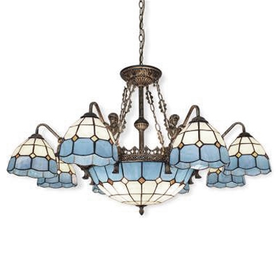 Mediterranean Style Blue&White Checkered Art Glass Chandelier with Bronze Finish Mermaid Arms