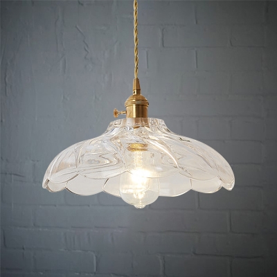 Vintage Scalloped Hanging Light with Textured Glass Shade Single Light Pendant Lamp in Polished Brass