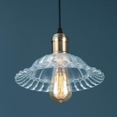 Vintage Style Pendant 1 Light with Shallow Round Flared Glass Shade in Bronze for Warehouse Restaurant