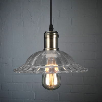 Vintage Style Pendant 1 Light with Shallow Round Flared Glass Shade in Bronze for Warehouse Restaurant