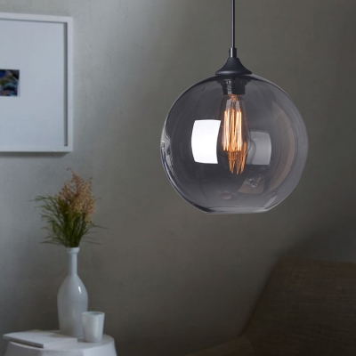 Industrial Style Orb Hanging Pendant Smoke Glass 1 Head Drop Light in Black Finish for Cafe Restaurant