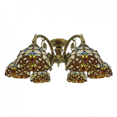 Victorian Style Living Room Tiffany Stained Glass Multi-Light Ceiling Fixture in Historic Brass Finish