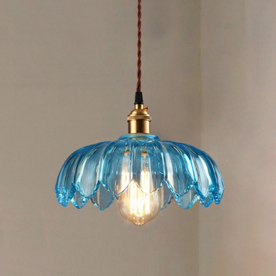 Ceiling Pendant Single Light with Blue Glass Floral Shade in Brass for Restaurant Cafe (3 Sizes for Choice)