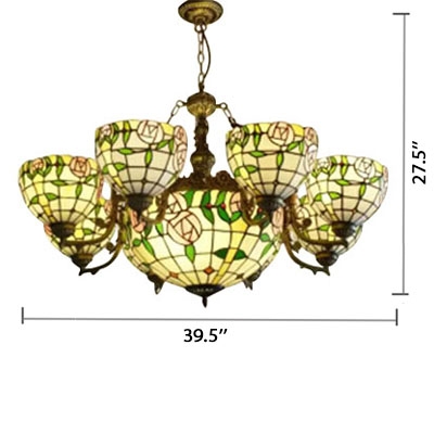 Classic Stained Glass 8 Arms Flower Chandelier with 12 Inches Inverted Chandelier
