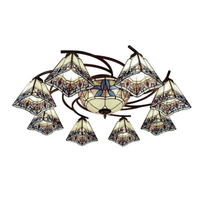 Simple Baroque Style Art Glass Pyramid Shade Ceiling Light in Distressed Bronze Finish