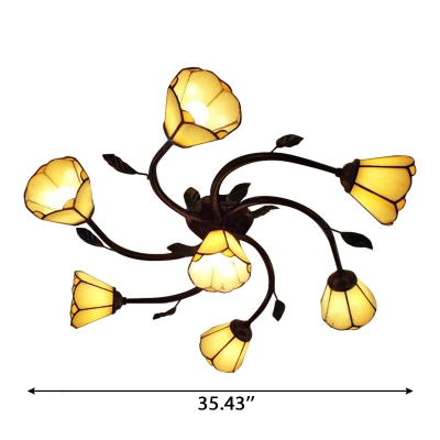 7-Bulb Style Ambient Light Yellow Flower Semi Flush Ceiling Light with Branch Shaped Arms
