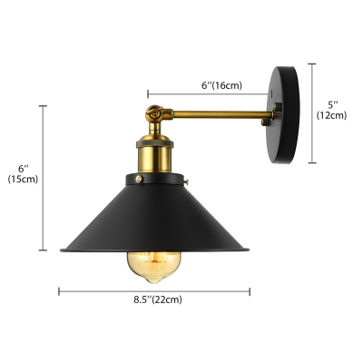 Industrial Wrought Iron Single Light Conical Shade Wall Sconce in Black for Barn Farmhouse Porch