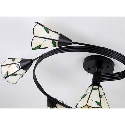 Contemporary Style Simple 4/6-Light Semi Flush Mount with Green Leaf Patterned Cone Shade
