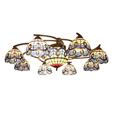 Tiffany Baroque Style Blue Stained Glass 6/9 Lights Semi Flush Mount Ceiling Light for Living Room