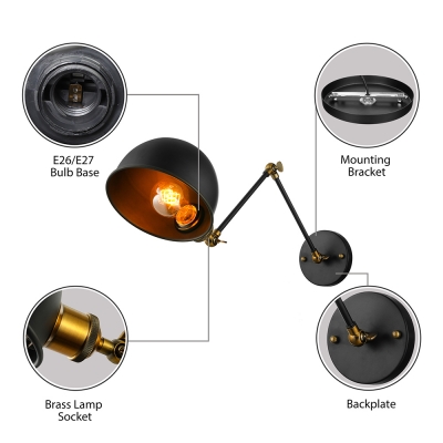 Swing Arm Dome Shade Wall Sconce in Black with Aged Brass Accent for Living Room Bedside Restaurant