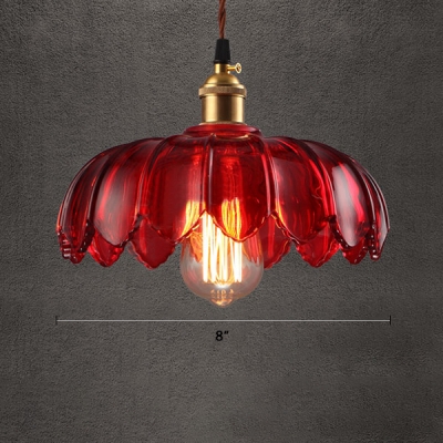 Country Style Red Glass Floral Shade Single Pendant Lighting in Brass for Cafe Restaurant (3 Sizes for Choice)