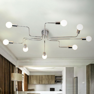 Industrial Chrome Large Semi Flush Ceiling Light Metal 8 Light Ceiling Lamp for Living Room Clothes Stores