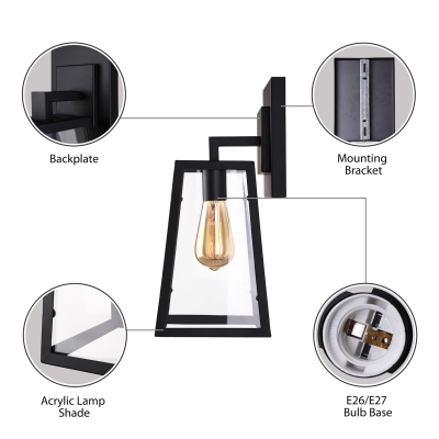 Industrial Trapezoid Wall Light in Clear Glass Wrought Iron Frame Single Light Wall Sconce in Black