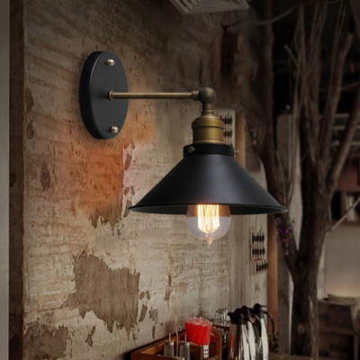 Industrial Wrought Iron Single Light Conical Shade Wall Sconce in Black for Barn Farmhouse Porch