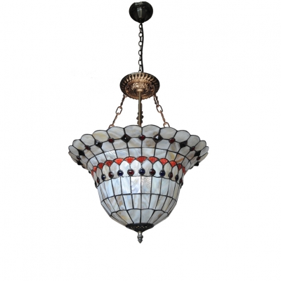 Tiffany Stained Glass Checkered Basket Shaped Inverted Hanging Light with Colorful Jewels