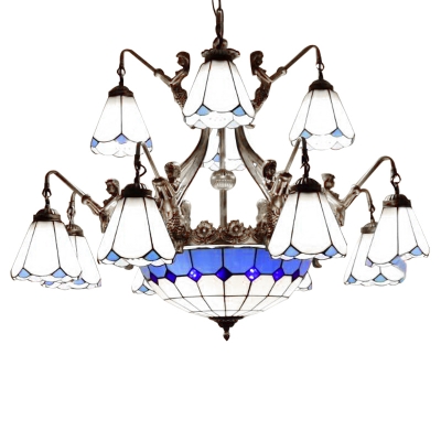 White/Blue Magnolia Shade Tiffany Stained Glass Chandelier with Mermaid Shaped Arms