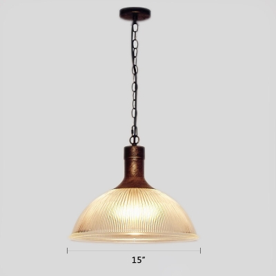 Industrial Style Dome Hanging Light with Ribbed Glass Single Head Suspension Light in Rust for Cafe