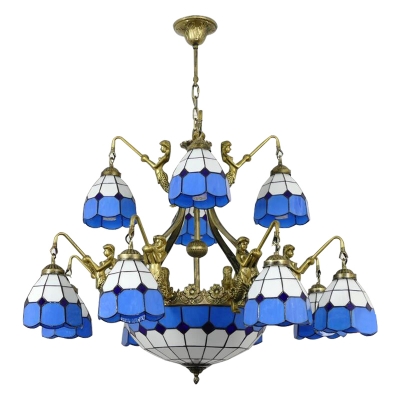 Mediterranean Style Blue&White Checkered Art Glass Chandelier with Bronze Finish Mermaid Arms