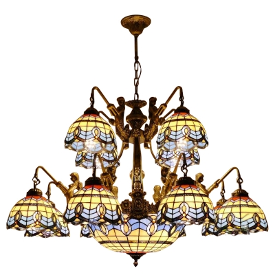 Mediterranean Style Stained Glass Center Bowl Chandelier with 12 Arms Featuring Mermaid Design