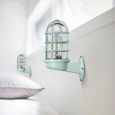 Nautical Cylinder Wall Sconce with Metal Cage for Bedside Bathroom Hallway-Blue/Gray/Green/Pink