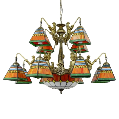 Orange/Blue Geometrical Square Shade&Center Bowl Chandelier with Old Brass Arms 38.58