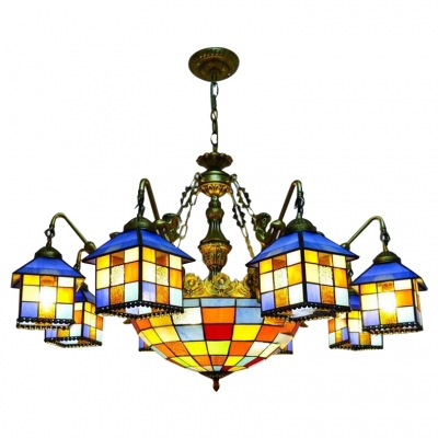 Lodge Style Tiffany Stained Glass House Designed Chandelier with Colorful Center Bowl and Mermaid Arms