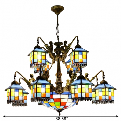 Lodge Style Tiffany Stained Glass House Designed Chandelier with Colorful Center Bowl and Mermaid Arms