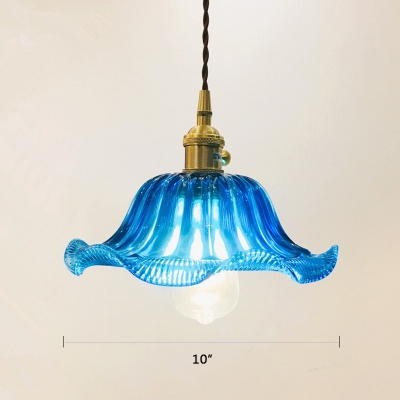 Vintage Style Ceiling Pendant 1 Light with Blue Glass Floral Shade in Brass for Foyer Dining Room