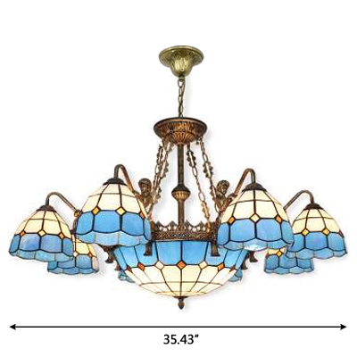 Mediterranean Style Blue&White Checkered Art Glass Chandelier with Bronze Finish Mermaid Arms