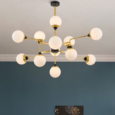 Post Modern Living Room Lighting Cream Glass Light Fixture 39.5 Inch Long 12 Light LED Glass Globe Chandelier in Gold Height Adjustable