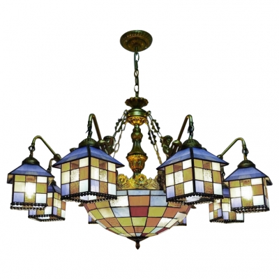 Lodge Style Tiffany Stained Glass House Designed Chandelier with Colorful Center Bowl and Mermaid Arms