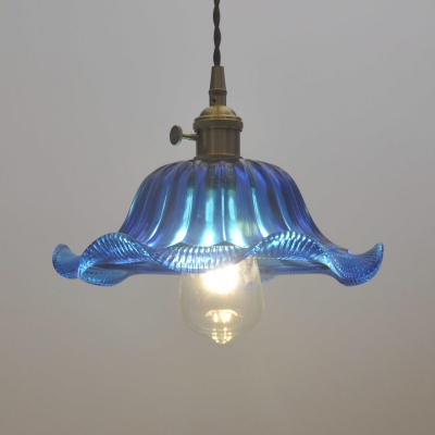 Vintage Style Ceiling Pendant 1 Light with Blue Glass Floral Shade in Brass for Foyer Dining Room